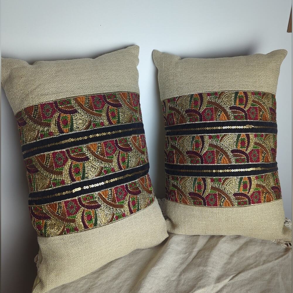Pier 1 Embroidered Throw Pillows Set of 2 Boho Global Accent  18 x 12